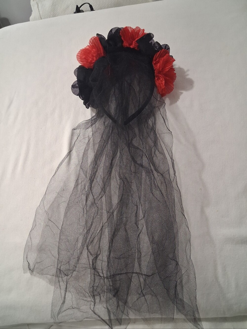 Black Headband Veil with Red Floral Accents Halloween